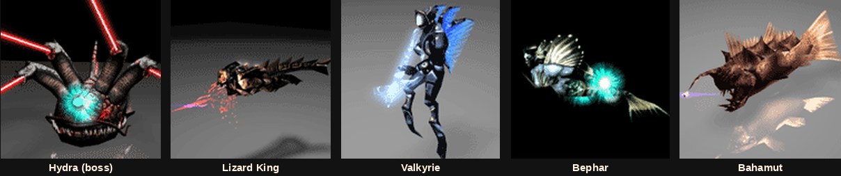 The Atlans monsters Hydra, Lizard King, Valkyrie, Bephar and Bahamut in MU Online