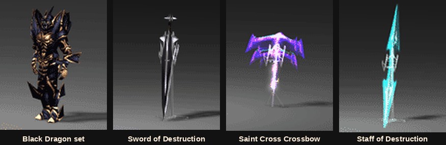 The MU Online Black Dragon armour set with the Sword of Destruction and Saint Cross Crossbow