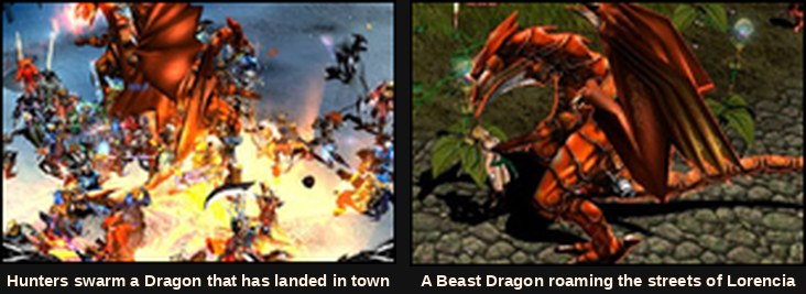 The MU Online Dragon Raid event, with a town mobilising against a Beast Dragon