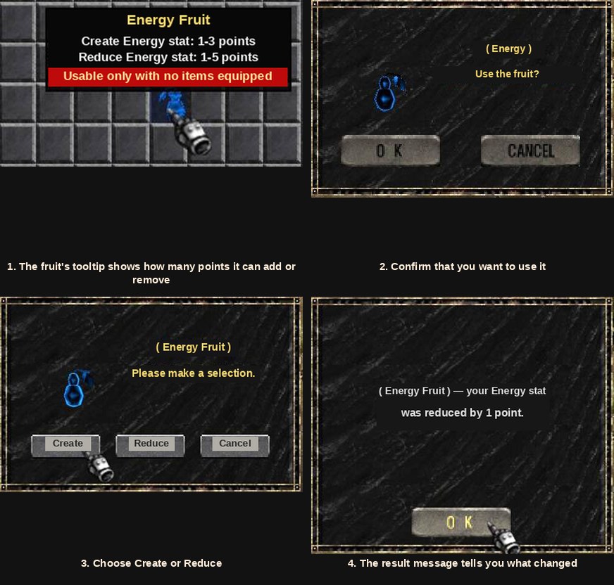 Using a Minus Stat Fruit in MU Online to create or reduce a character stat
