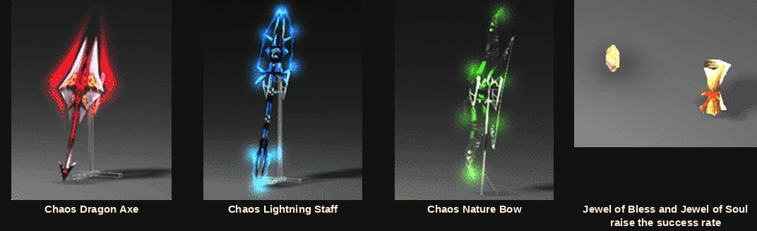 The three MU Online Chaos weapons and the jewels used in the Chaos Machine