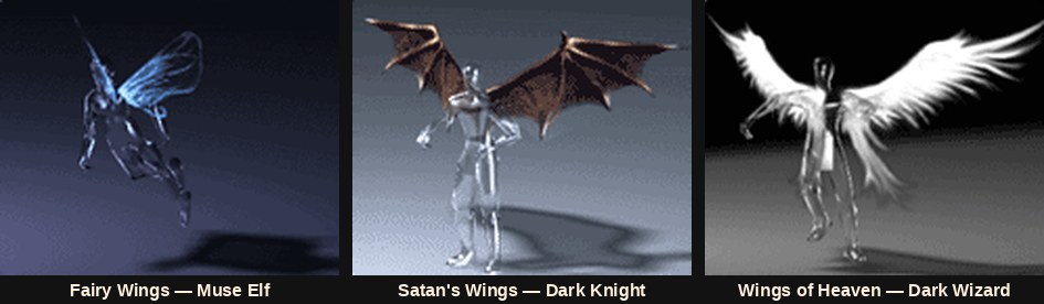 Fairy Wings, Satan's Wings and Wings of Heaven, the first MU Online wing tier