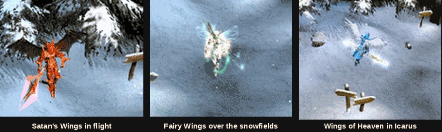Players flying with the three Season 1 MU Online wing types over the snowfields