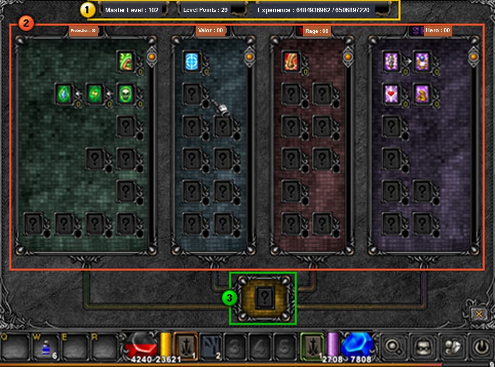 The Master Level skill tree window with points and experience