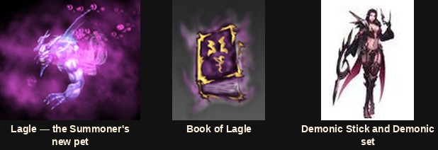 Lagle the Summoner pet with the Book of Lagle and the Demonic set in MU Online