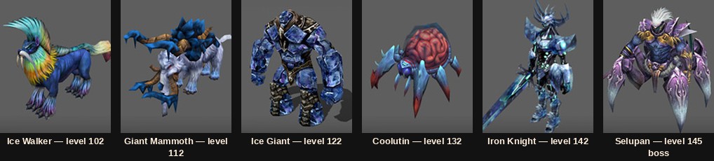 The five Laclion field monsters and the boss Selupan from MU Online Season 4